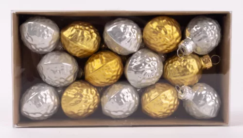 ÜVEG KARÁCSONYI DÍSZ, DIÓ, 14 DARABOS SZETT, DOBOZBAN, ARANY FEHÉR