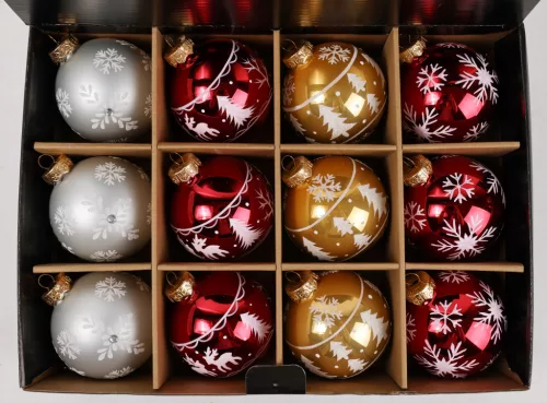 ÜVEG KARÁCSONYI DÍSZ, GÖMB, 12 DARABOS SZETT, DÍSZDOBOZBAN, MIX
