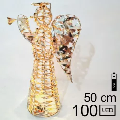 VILÁGÍTÓ MŰANYAG ANGYAL, 100 LEDDEL, ARANY, TROMBITÁL