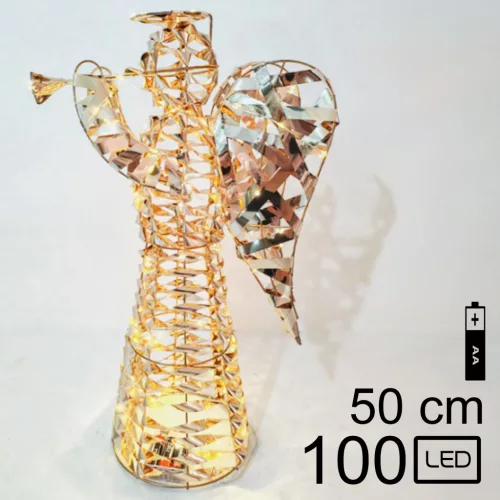 VILÁGÍTÓ MŰANYAG ANGYAL, 100 LEDDEL, ARANY, TROMBITÁL