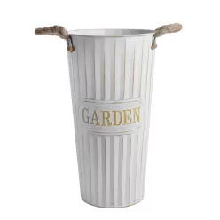   BÁDOG VÁZA, FLOWERS&GARDEN FELIRATTAL, KÖTÉL FÜLLEL, FEHÉR