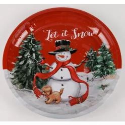 BÁDOG TÁLCA KEREK, HÓEMBER KUTYÁVAL, LET IT SNOW FELIRAT