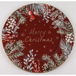   BÁDOG TÁLCA KEREK, FENYŐÁGAK, TOBOZOK, PIROS BOGYÓK, BORDÓ ALAPON, MERRY CHRISTMAS FELIRAT