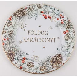   BÁDOG TÁLCA KEREK, FENYŐÁGAK, TOBOZOK, PIROS BOGYÓK, FEHÉR ALAPON, BOLDOG KARÁCSONYT FELIRAT