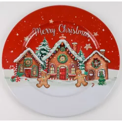   BÁDOG TÁLCA KEREK, MÉZESKALÁCS HÁZAK, MERRY CHRISTMAS FELIRAT, PIROS ÉS FEHÉR