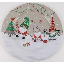   BÁDOG TÁLCA KEREK, MANÓK DÍSZÍTIK A FENYŐFÁT, DRAPP ÉS FEHÉR