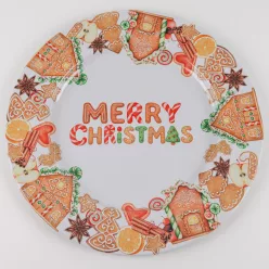   BÁDOG TÁLCA KEREK, MÉZESKALÁCS FIGURÁK, MERRY CHRISTMAS FELIRAT