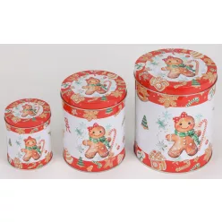   BÁDOG DOBOZ, SZETTBEN, 3 DARABOS, KEREK, MÉZESKALÁCS FIGURÁK, BOTTAL, PIROS ÉS FEHÉR