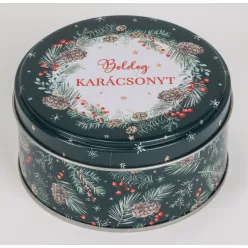   BÁDOG DOBOZ  KEREK, FENYŐÁGAK, TOBOZOK, PIROS BOGYÓK, ZÖLD ALAPON, BOLDOG KARÁCSONYT FELIRAT