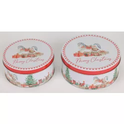   BÁDOG DOBOZ, SZETTBEN, 2 DARABOS, KEREK, HINTALÓ AJÁNDÉKOKKAL, MERRY CHRISTMAS FELIRAT, PIROS ÉS FEHÉR