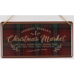   BÁDOG AKASZTÓS KÉP, BORDÓ ÉS ZÖLD KOCKÁS, CHRISTMAS MARKET FELIRAT