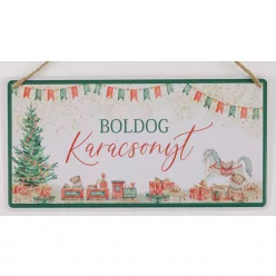   BÁDOG AKASZTÓS KÉP, HINTALÓ AJÁNDÉKOKKAL, BOLDOG KARÁCSONYT FELIRAT, PIROS ÉS ZÖLD