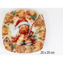   ÜVEG TÁNYÉR, KARÁCSONYI, MÉZESKALÁCS FIGURA MINTÁS, MIKULÁS SAPKÁBAN