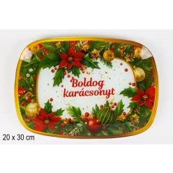   ÜVEG KÍNÁLÓ, KARÁCSONYI, BOLDOG KARÁCSONYT FELIRATTAL, GÖMBÖK ÉS MIKULÁSVIRÁG MINTÁVAL