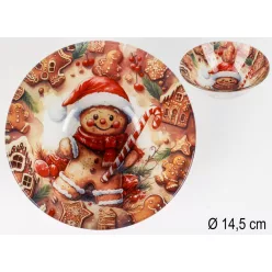   ÜVEG TÁLKA, KARÁCSONYI, MÉZESKALÁCS FIGURA MINTÁS, MIKULÁS SAPKÁBAN
