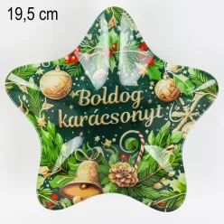   ÜVEG TÁNYÉR, KARÁCSONYI, CSILLAG ALAKÚ, BOLDOG KARÁCSONYT FELIRATTAL, DÍSZEK MINTÁVAL, ZÖLD