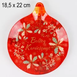   ÜVEG TÁNYÉR, KARÁCSONYI, GÖMB ALAKÚ, BOLDOG KARÁCSONYT FELIRATTAL, ILEX MINTÁVAL, PIROS