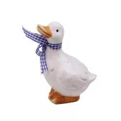 KERÁMIA KACSA, KÉK KOCKÁS SZALAGGAL, FEHÉR