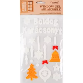   ABLAKZSELÉ  BOLDOG KARÁCSONYT FELIRAT, FEHÉR ÉS ARANY, DÍSZEK