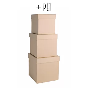   PAPÍRDOBOZ SZETT MŰANYAG BETÉTTEL, 3 DARABOS, KOCKA ALAKÚ, NATÚR