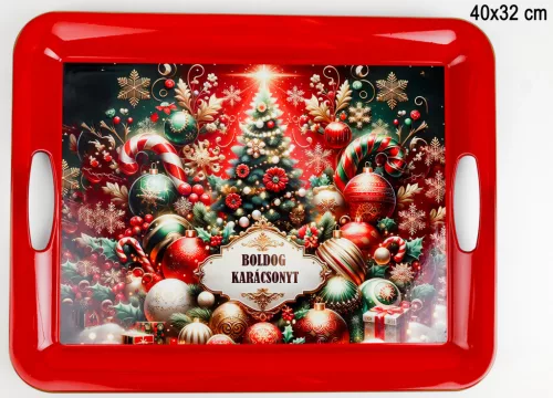 MŰANYAG TÁLCA TÉGLALAP ALAKÚ, KARÁCSONYFA DÍSZEK, BOLDOG KARÁCSONYT FELIRATTAL